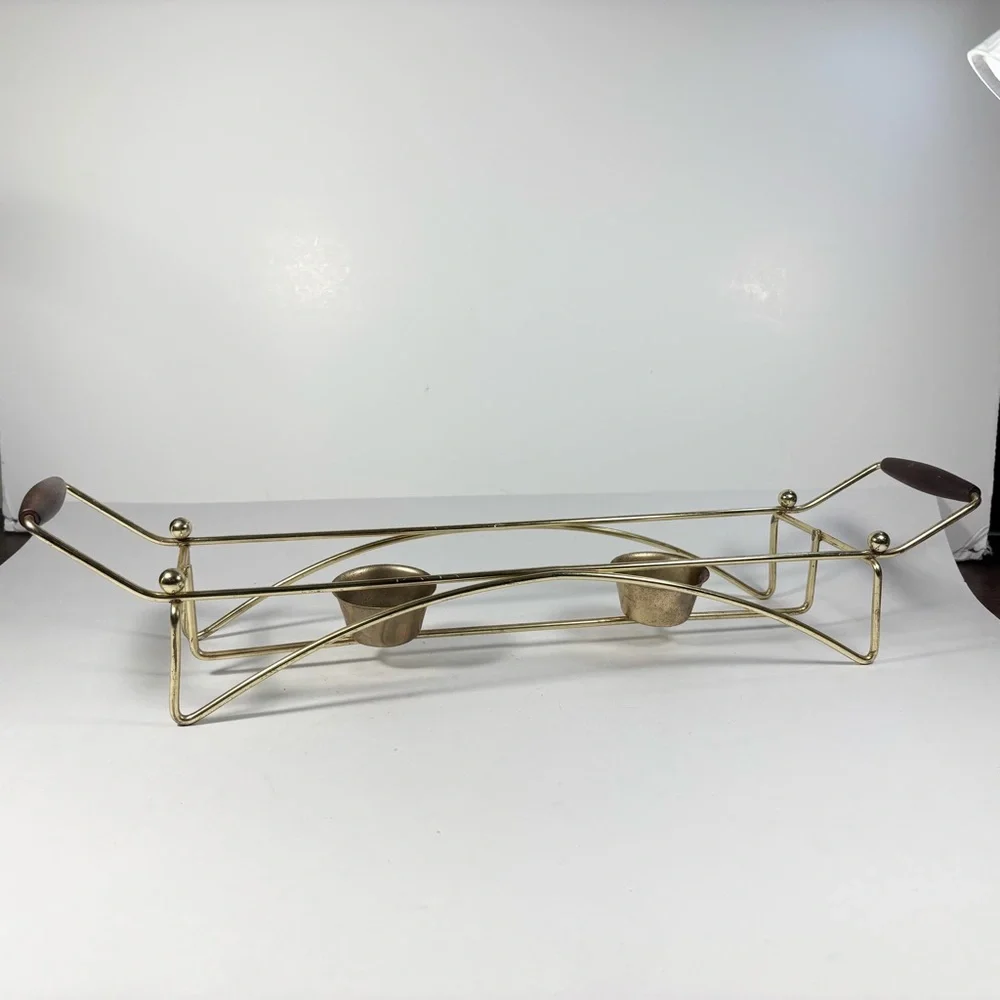 MCM Gold Metal‎ Rectangle Casserole Serving Dish Holder Warmer Wood Handles